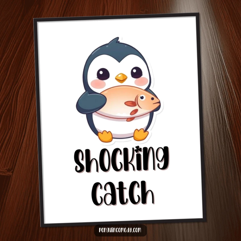 Funny poster print of a shocked penguin proudly holding a fish, ideal humorous wall art for any room.