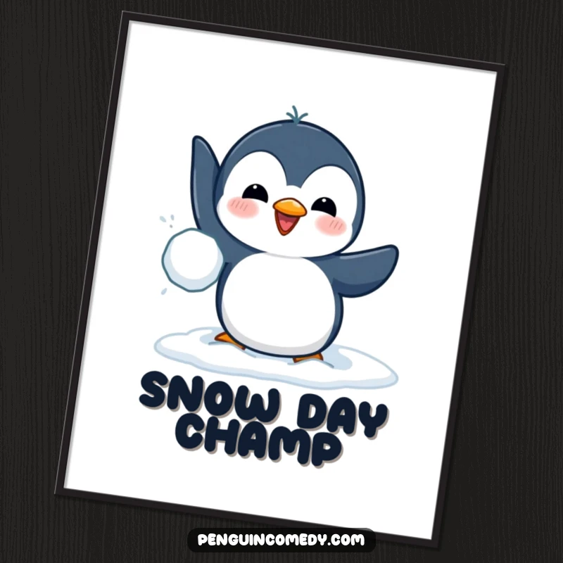 Funny poster print of a determined penguin playfully throwing a snowball, adding a touch of winter humor and personality to any wall.