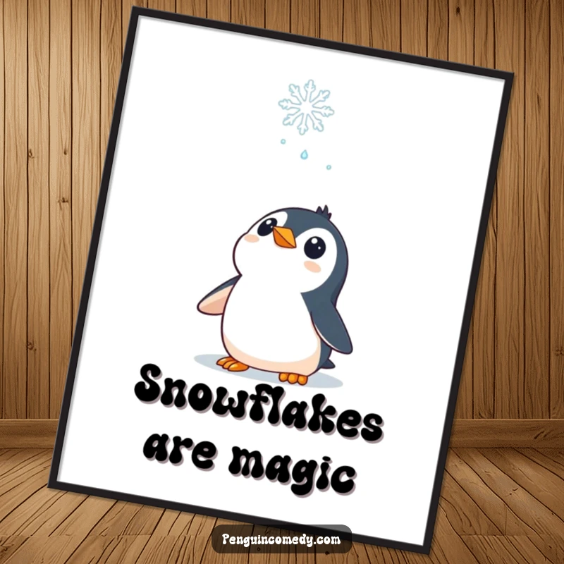 Funny Poster: A curious penguin character looking up at a falling snowflake, radiating quiet contemplation and wonder.
