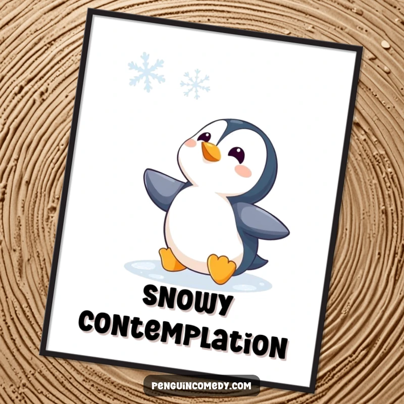 Funny Penguin Watching Snowflake Poster, a captivating artwork of a penguin looking up at a snowflake, evoking a sense of wonder and humor.