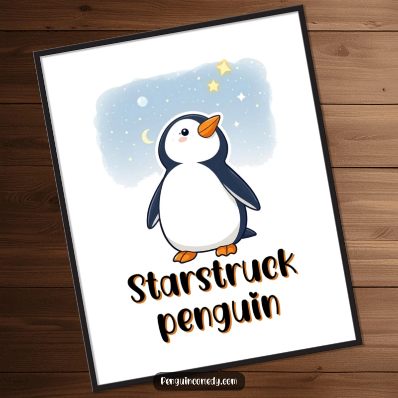 Funny poster art of a penguin looking up at a starry night, inspiring wonder and humor.