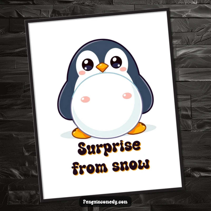 Funny poster print of a shy penguin peeking from behind a snowball, creating a whimsical and humorous wall art.