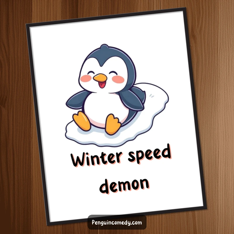 Funny Penguin Sliding Down Icy Hill Poster, a delightful piece of art capturing a happy penguin's thrilling slide down a frozen landscape.