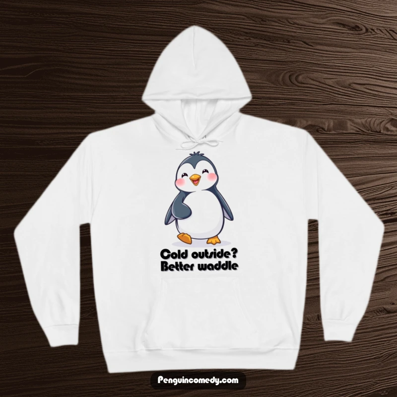 Funny Hoodie: A happy penguin character waddling with a determined, joyful stride, perfect for cozying up.