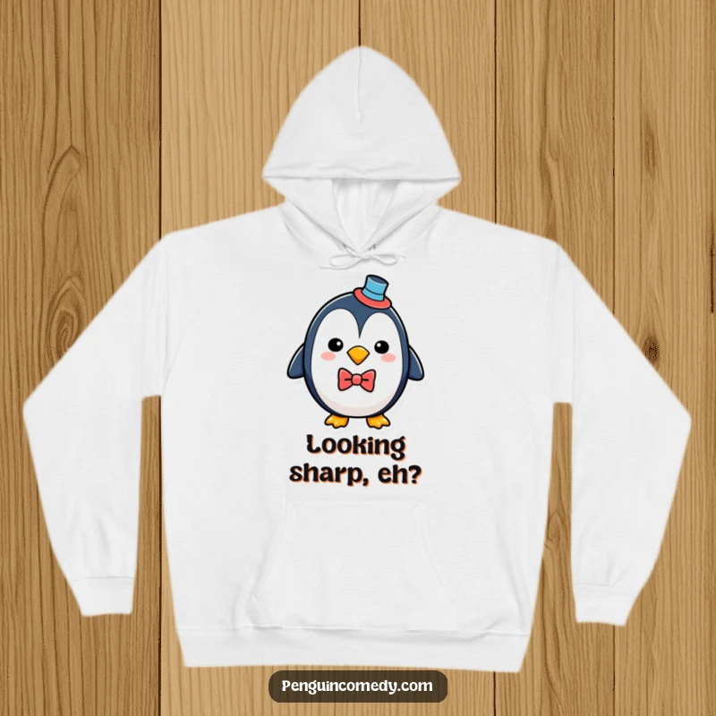 Funny penguin in a top hat and bowtie, looking cozy on a warm hoodie, perfect for chilly days.