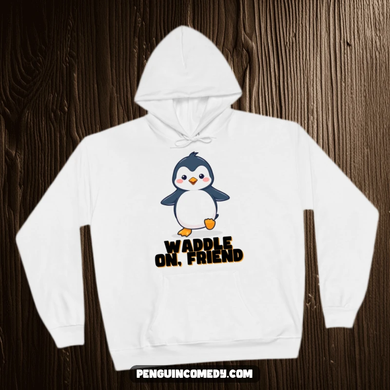 Funny penguin hoodie showing a cute penguin waddling with a happy stride, perfect for cozying up with a smile.