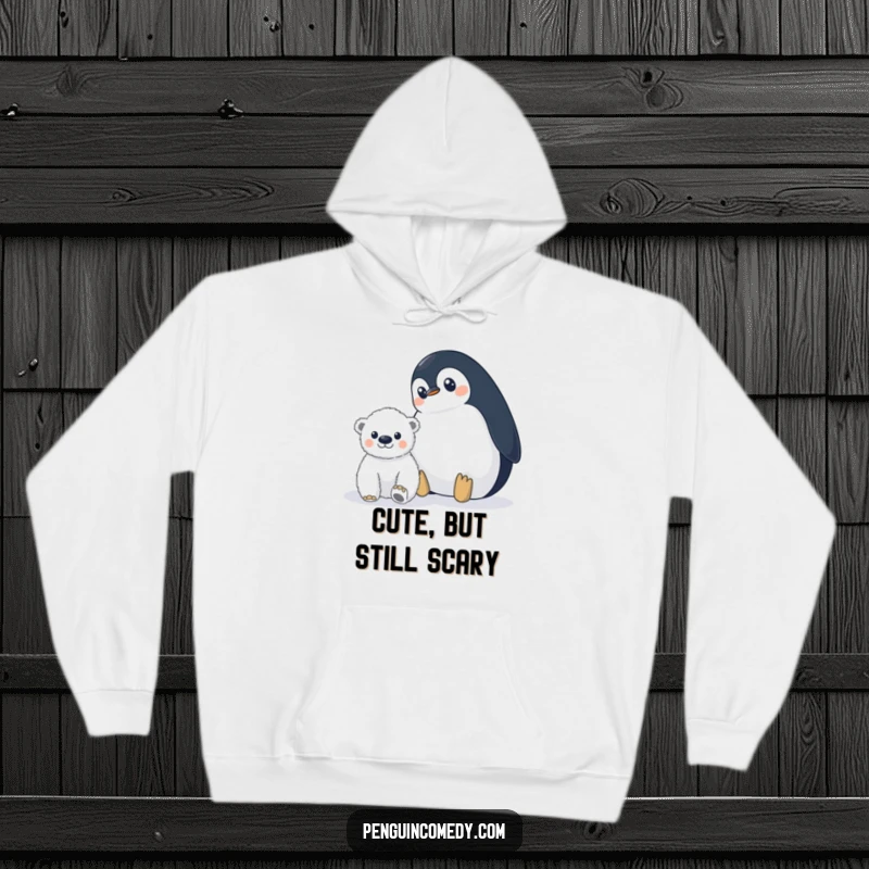 Funny penguin hoodie featuring a penguin with wide eyes watching a polar bear cub in the distance, offering warm, hilarious vigilance.