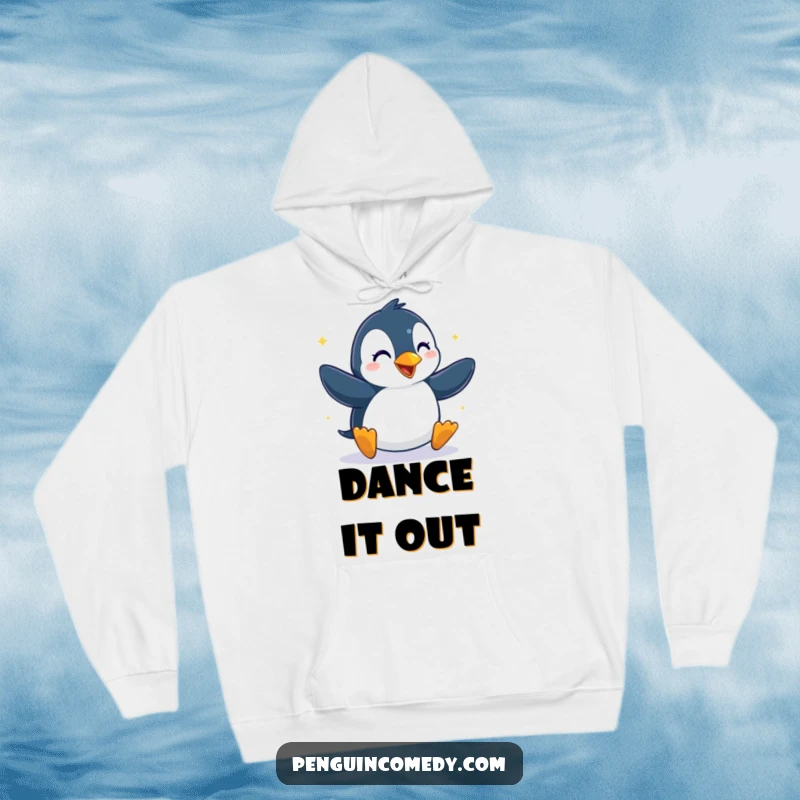 Funny hoodie featuring a penguin performing a happy dance with glee, offering cozy comfort and a touch of playful energy.