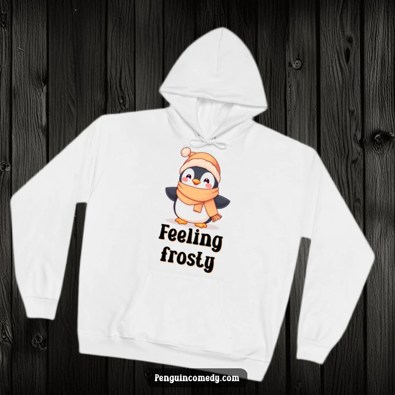Funny comfortable hoodie featuring a cute penguin in a scarf and hat, waddling contentedly, ideal for cold weather.
