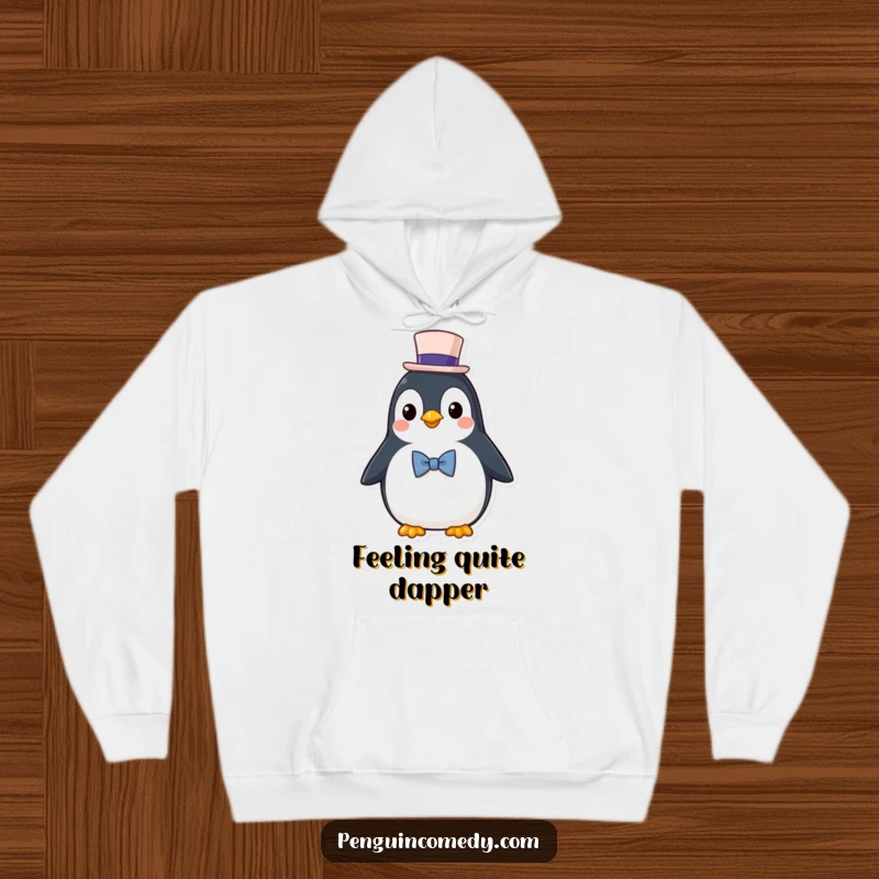 Funny Hoodie: A distinguished penguin character wearing a small top hat and bowtie, offering cozy sophistication.