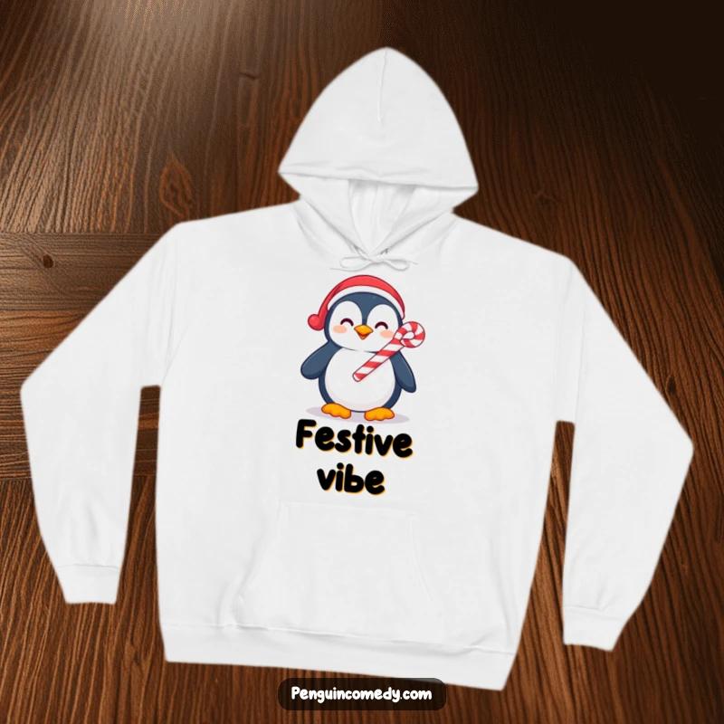 Funny hoodie featuring a happy penguin holding a candy cane with a smile, offering cozy comfort and holiday cheer.