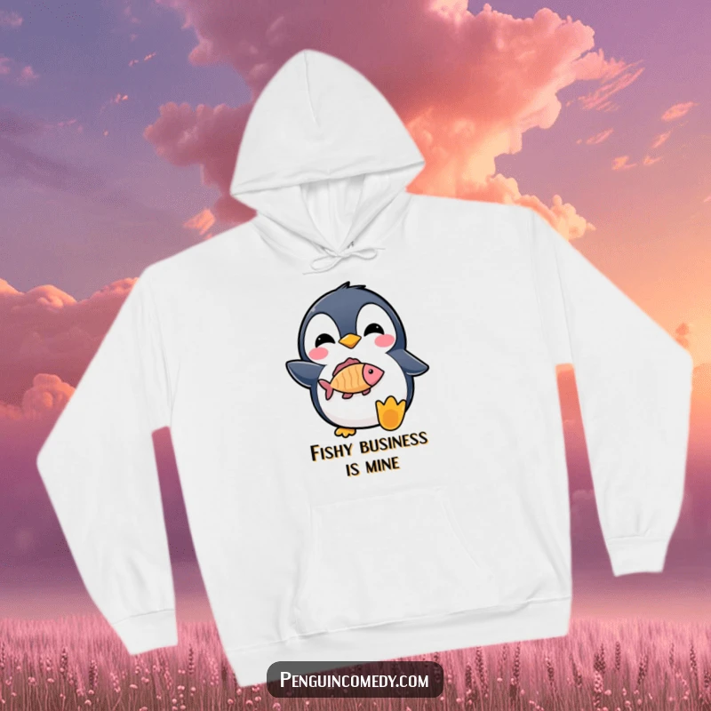 Funny hoodie showcasing a delighted penguin holding a fish icon with immense pride, perfect for chilly days.