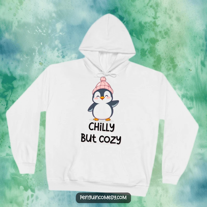 Funny Penguin Hoodie: A happy penguin in a knitted hat waddles with pure joy, a warm and funny gift.