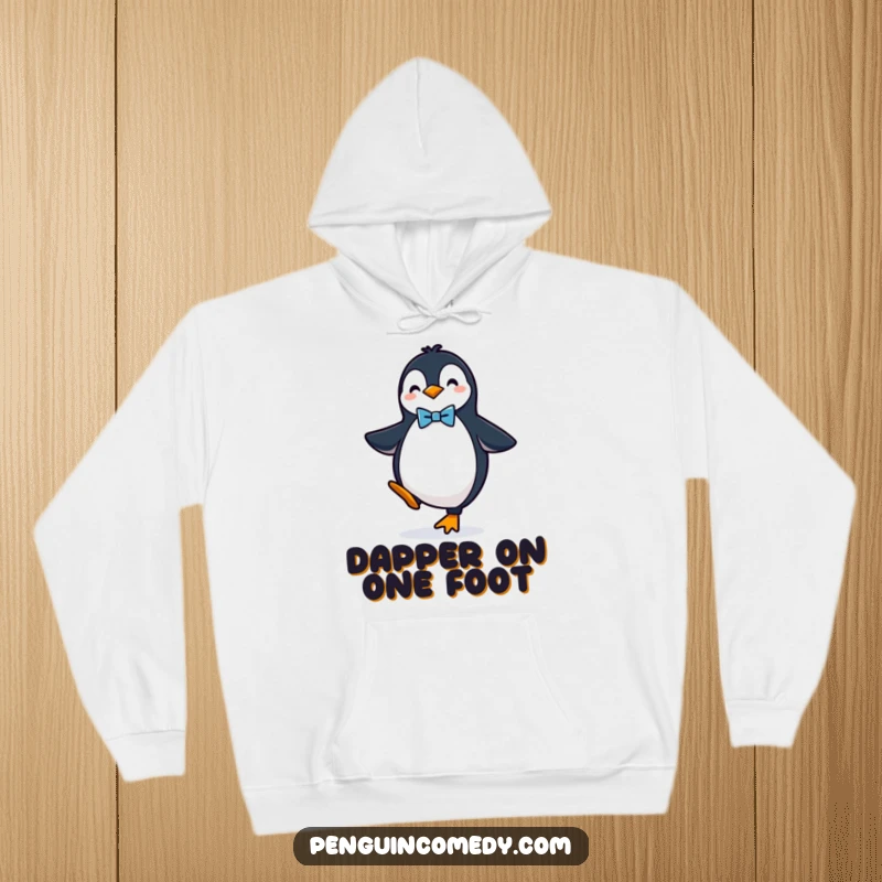 Funny hoodie featuring a stylish penguin wearing a bow tie and balancing, cozy and humorous for all.