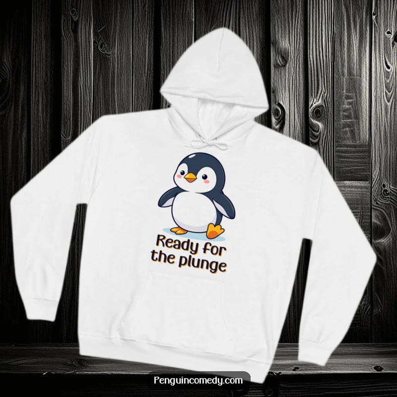 Funny penguin hoodie featuring a penguin in an alert stance, poised for a dive, offering warm, motivational humor.
