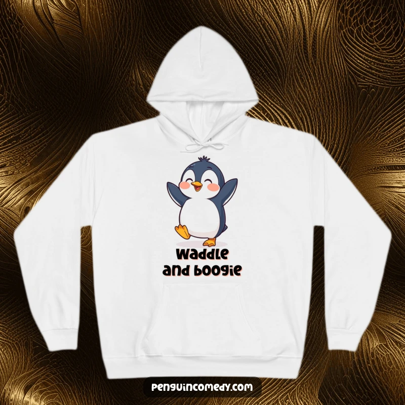 Funny penguin hoodie showing a happy bird doing a cute dance, feet tapping with infectious energy and playful spirit.
