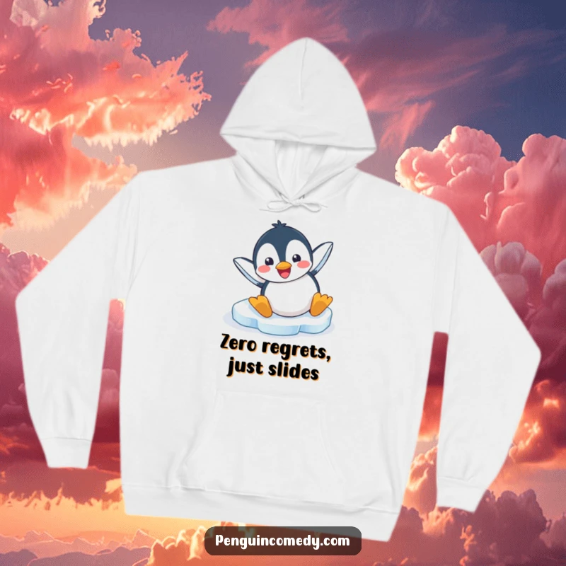 Funny hoodie depicting a happy penguin comically sliding with its head out in front on an icy surface.
