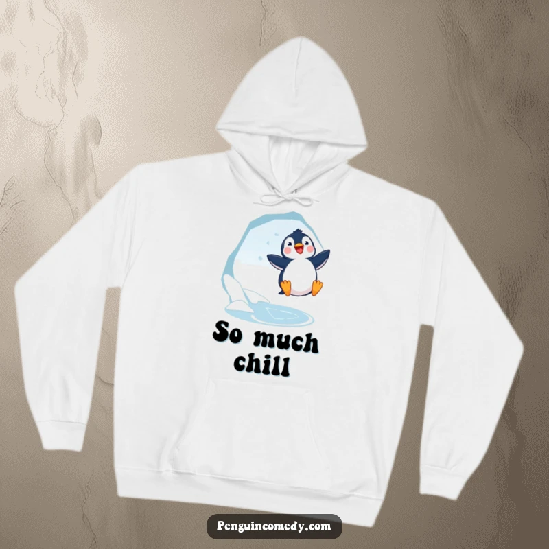 Funny Penguin Jumping Hoodie: A joyful penguin leaps near an icy hole, offering cozy comfort and arctic charm.