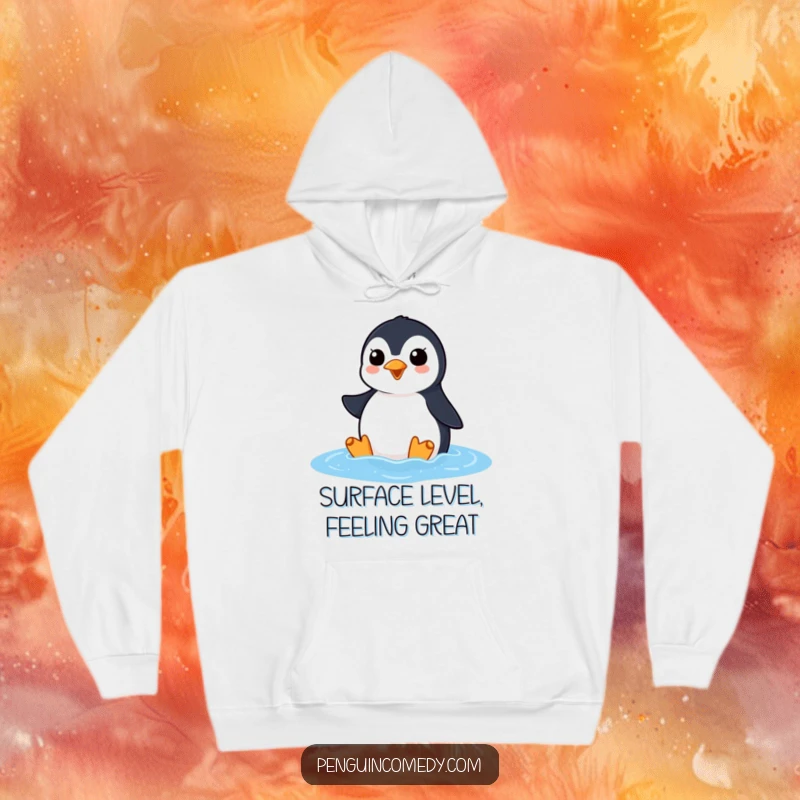 Funny penguin hoodie featuring an excited penguin squawking as it surfaces from the ocean, offering warm, cheerful humor.