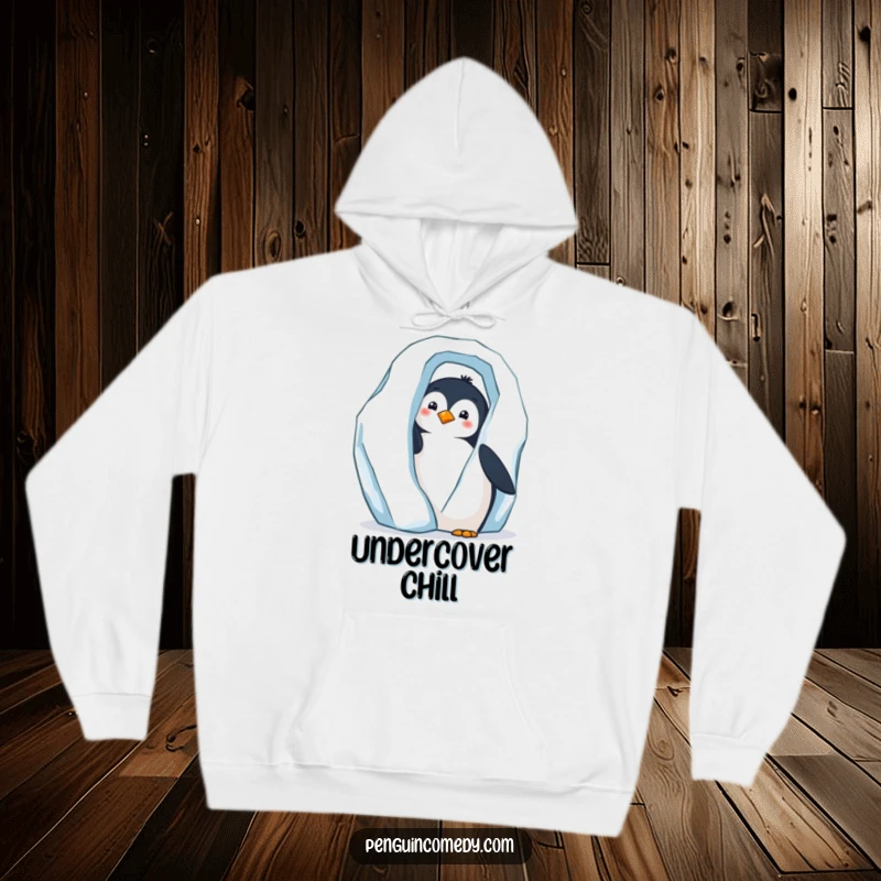 Funny hoodie with a curious penguin peeking from behind a large, imposing iceberg, adding a touch of mystery.