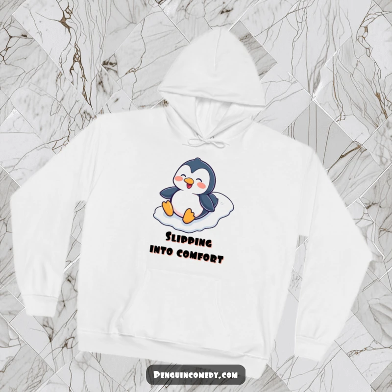 Funny Penguin Sliding Down Icy Hill Hoodie, a warm and comfortable hoodie with a joyful penguin character enjoying a belly slide down snow.