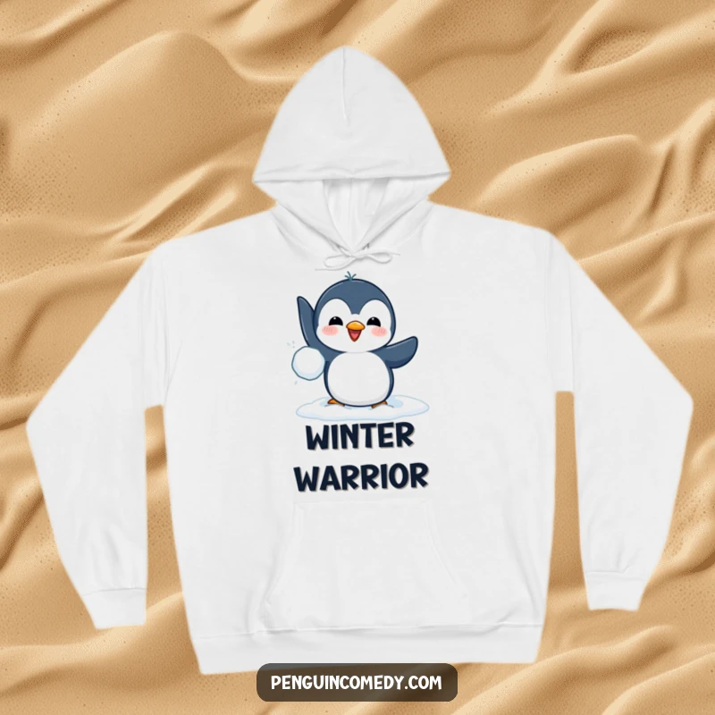 Funny hoodie showing a happy penguin preparing to throw a snowball, offering warmth and humorous winter charm for any occasion.