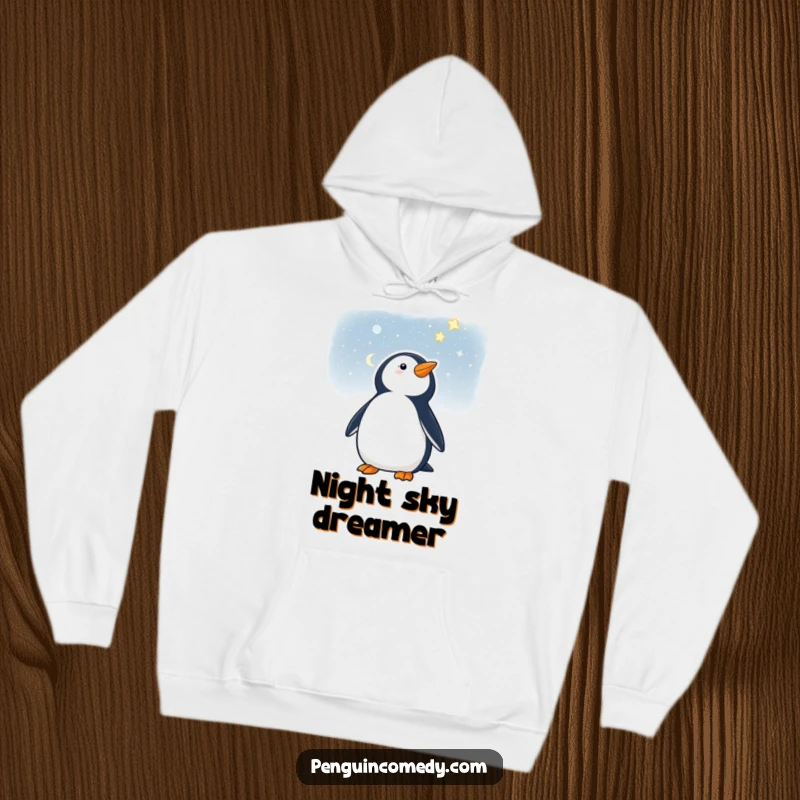 Funny hoodie with a penguin looking up at a starry night, offering comfort and cosmic humor.
