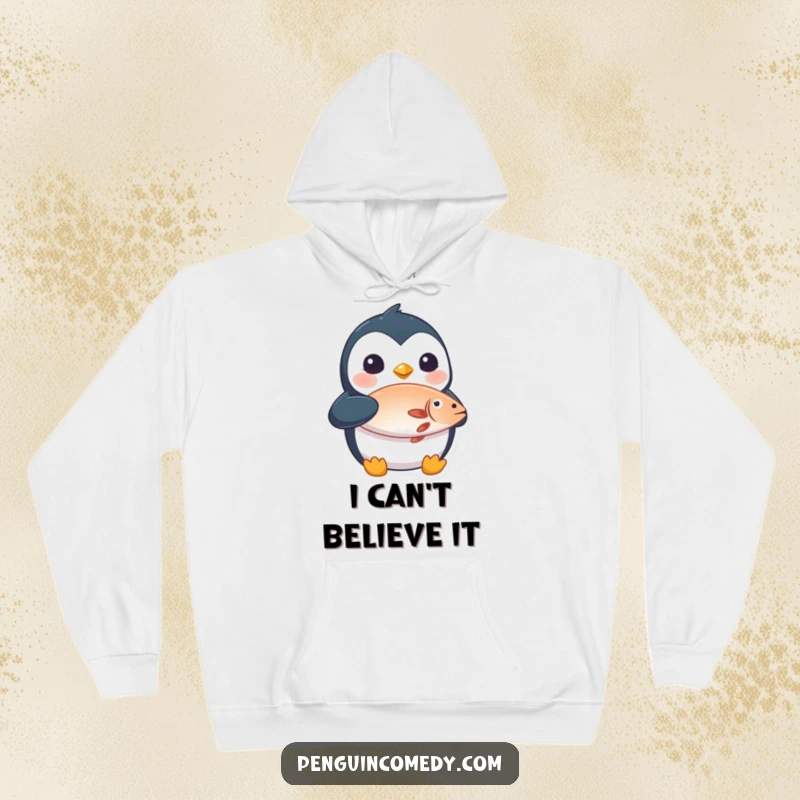 Funny hoodie showcasing a surprised penguin with a fish, offering warmth and humor for screen reader users.