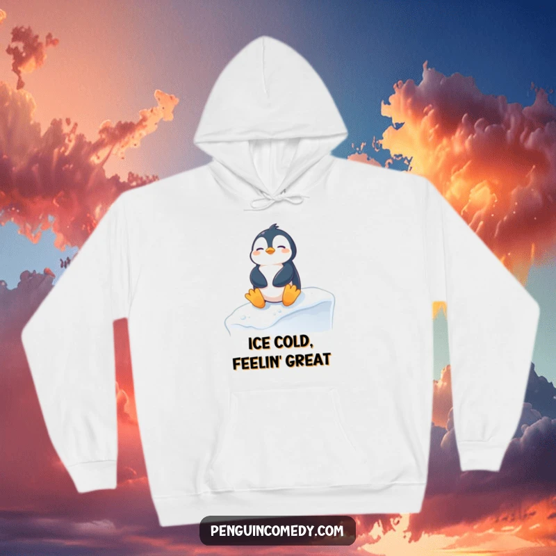 Funny penguin hoodie showing a content penguin sunbathing on a snowy ledge, offering warmth and hilarious winter-themed comfort.