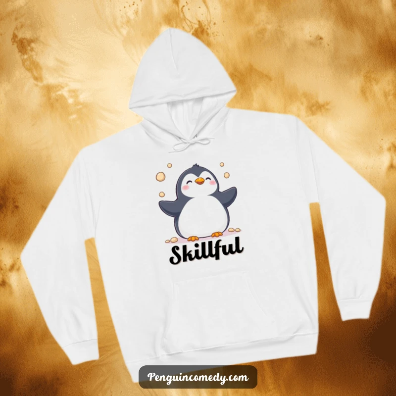 Funny hoodie depicting a happy penguin juggling pebbles with glee, offering cozy comfort and a touch of playful amusement.