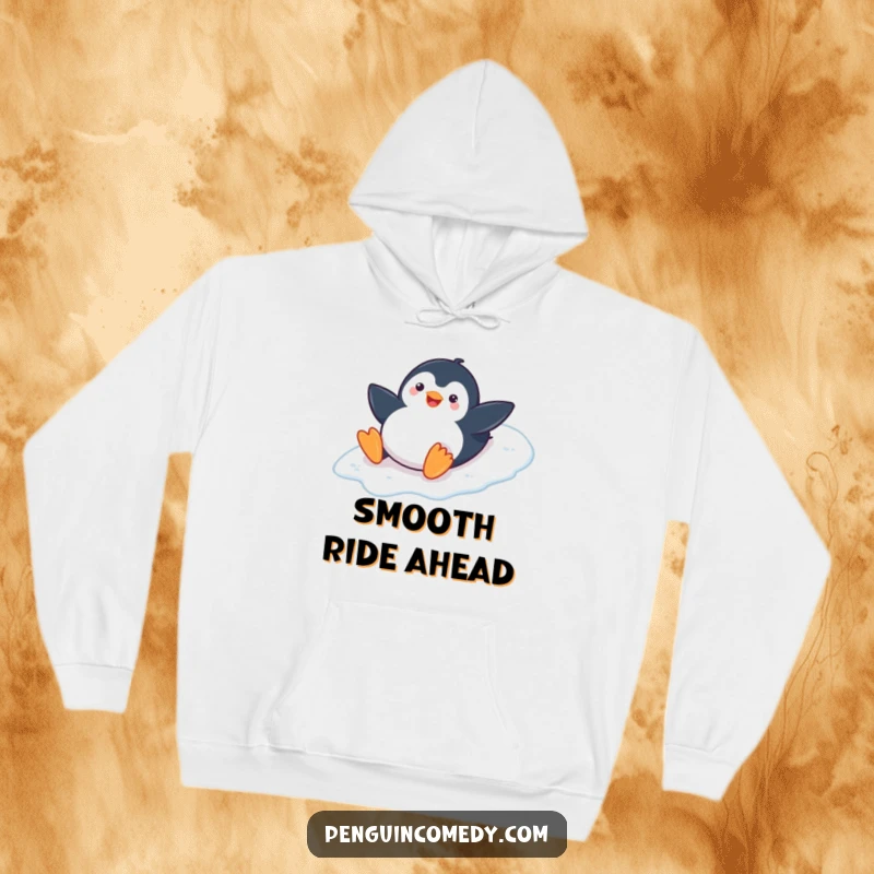 Funny Penguin Hoodie: A playful penguin smiles while belly sliding down an icy slope, a warm and funny gift.