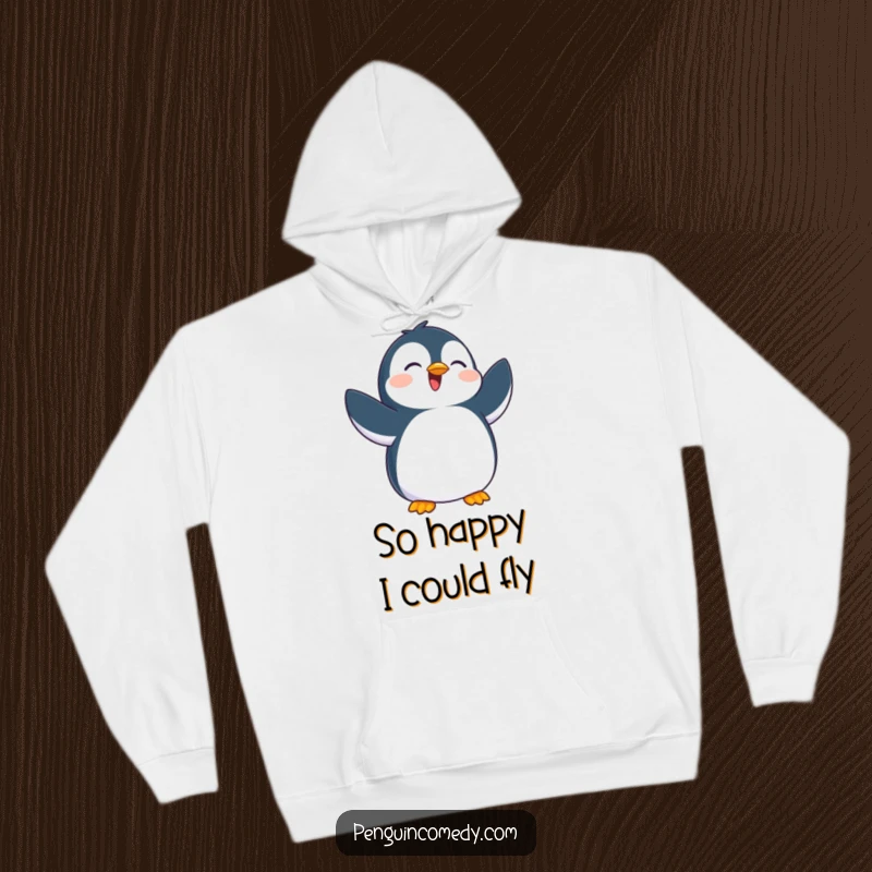 Funny hoodie with a jubilant penguin flapping flippers, designed for ultimate comfort and spreading infectious, happy vibes.