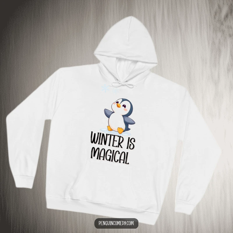 Funny Penguin Watching Snowflake Hoodie, a warm and soft hoodie with a penguin character mesmerized by a falling snowflake, embodying winter's peace.