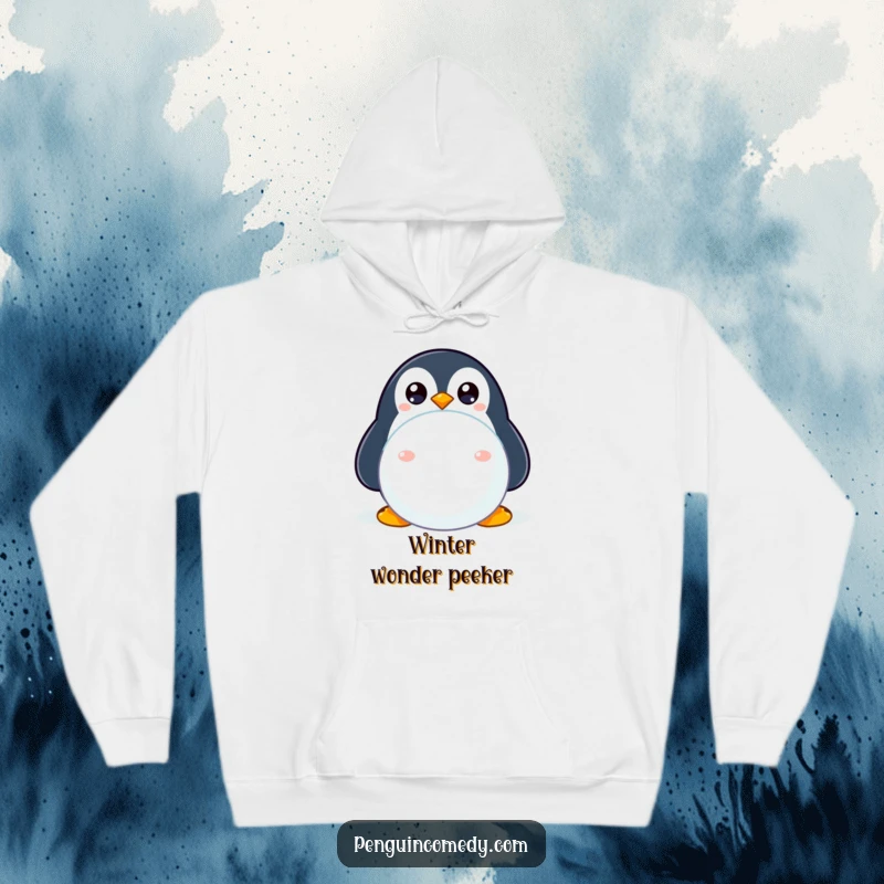 Funny hoodie with a shy penguin peeking from behind a snowball, offering warmth and a dose of humor.