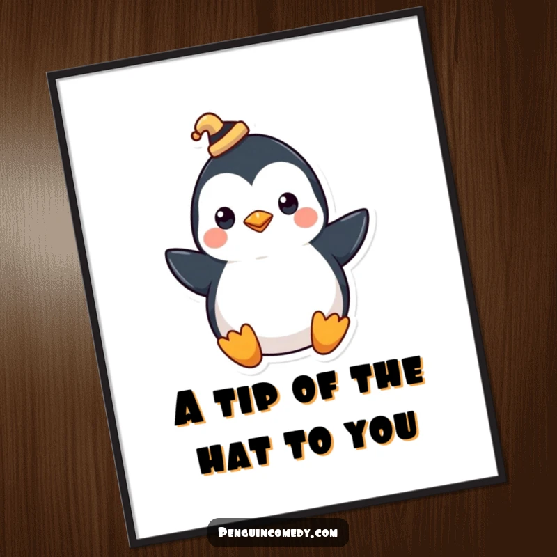 Funny Free Printable Penguin Wall Art of a penguin wearing a tiny hat, tipping it with a flourish.