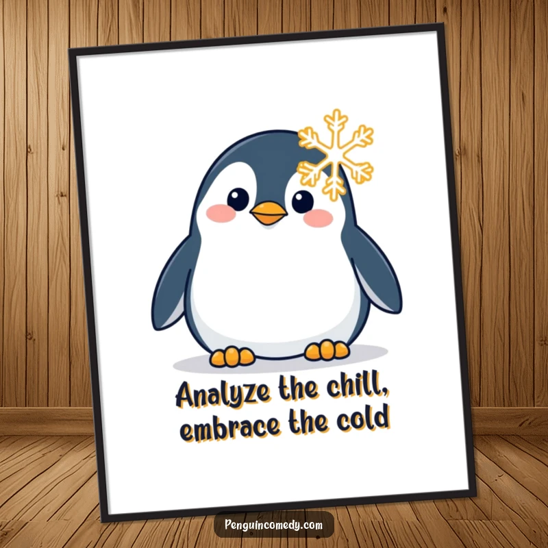 Funny Free Printable Wall Art depicting a curious penguin mesmerized by a single snowflake, evoking a sense of quiet wonder.