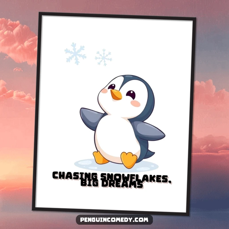 Funny Free Printable Wall Art: A curious penguin looks up in wonder at a single, delicate snowflake falling.