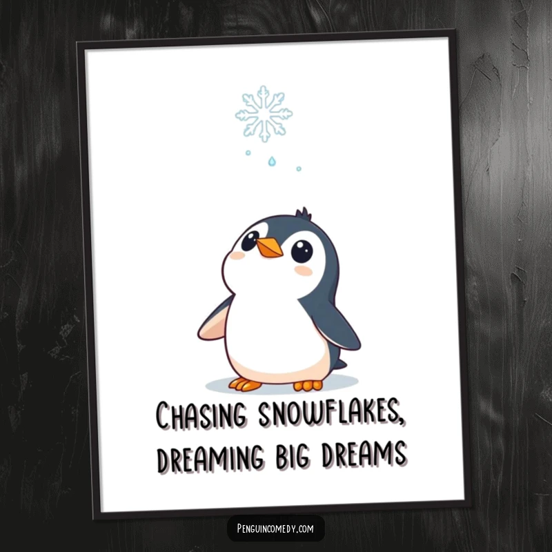 Funny Free Printable Wall Art: A curious penguin tilts its head, mesmerized by a single snowflake drifting down.