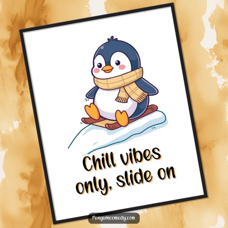 Funny Free Printable Wall Art: Adorable penguin wearing scarf joyfully slides down an icy slope, perfect downloadable decor.