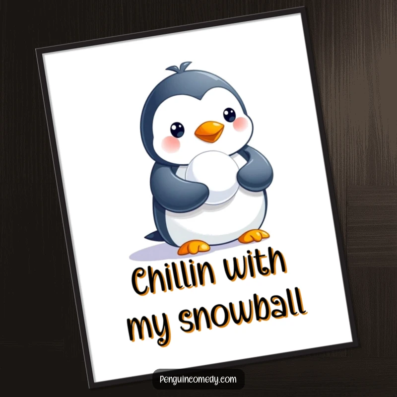 Funny Free Printable wall art of a cute penguin holding a tiny snowball, adding a humorous touch to decor.