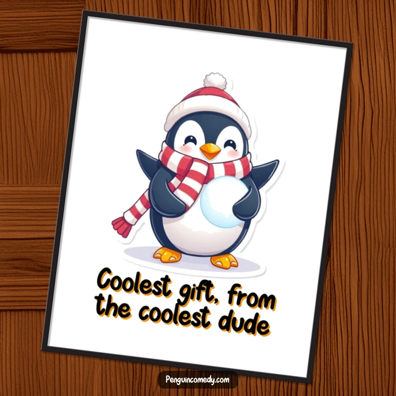 Funny free printable wall art of a penguin wearing a festive scarf, holding a beautifully glowing snowball. A winter wonderland scene.