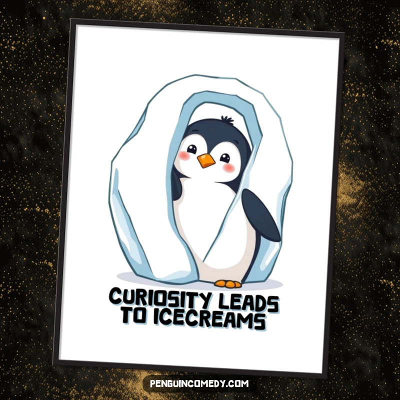 Funny Free Printable Wall Art: Curious penguin peeks from behind a large iceberg, adding whimsy to downloadable decor.