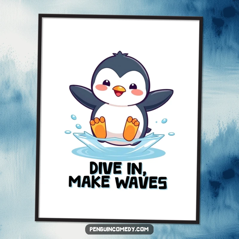 Funny Free Printable Wall Art: Playful penguin mid-jump into water, bringing energetic vibes to downloadable decor.