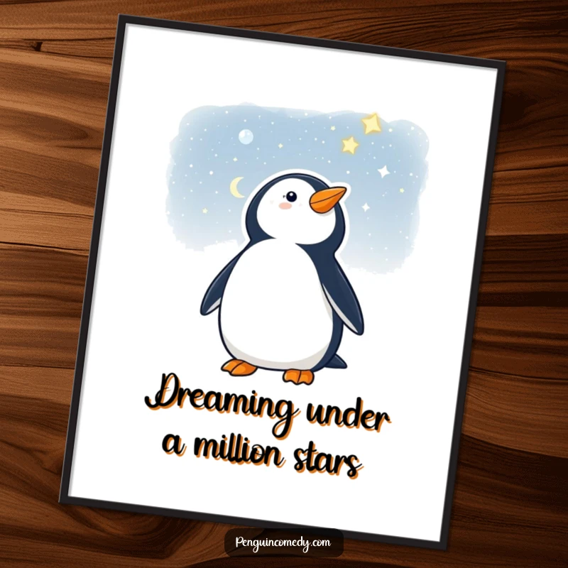 Funny Free Printable wall art depicting a penguin gazing wistfully at a magical starry night sky.