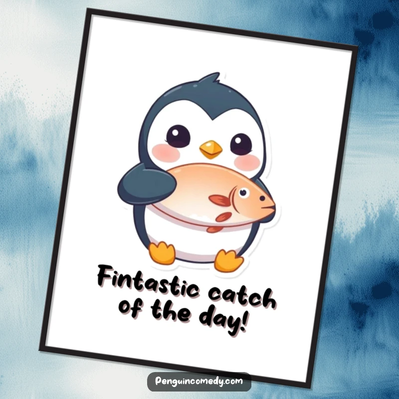 Funny Free Printable Wall Art: A shocked penguin proudly holding a fish, ready to decorate your room.