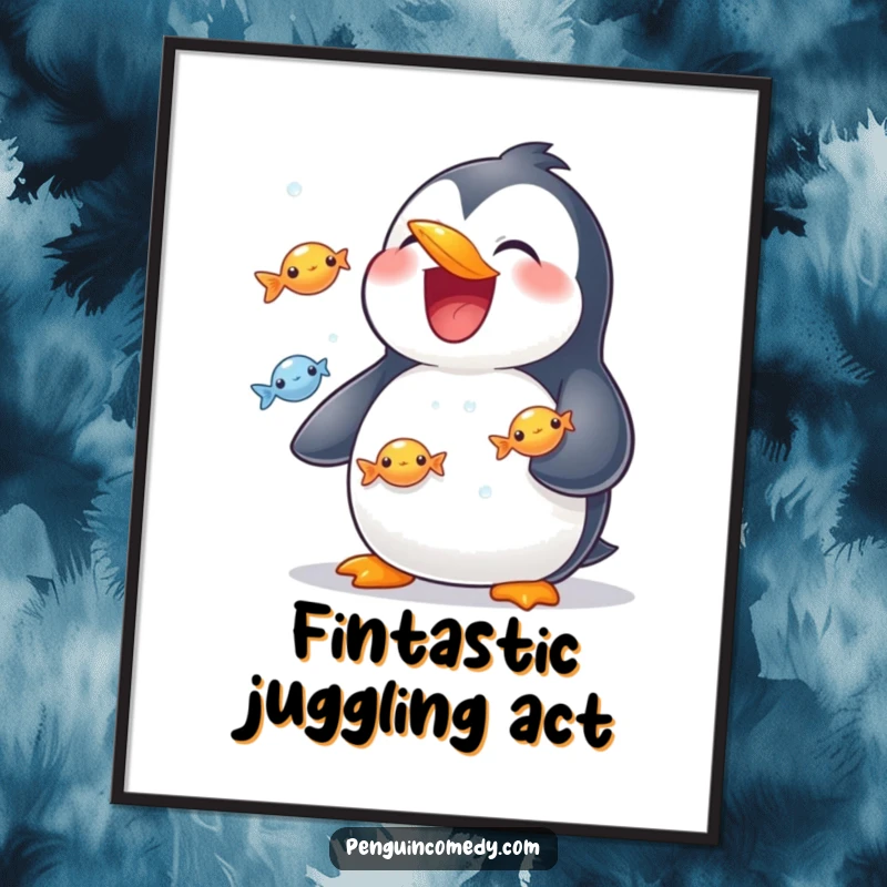 Funny Free Printable Wall Art: Grinning penguin skillfully juggles shiny fish, adding a comical touch to downloadable decor.