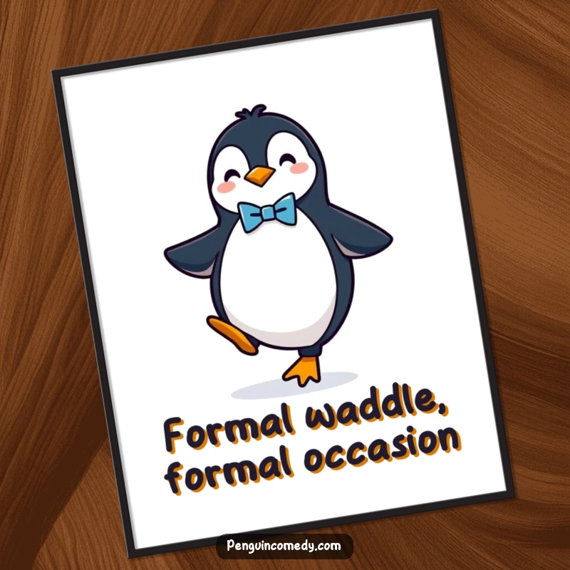 Funny Free Printable Wall Art: A stylish penguin sporting a bow tie, balancing on one foot with flair.