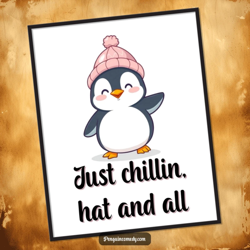 Funny Free Printable Wall Art: A joyful penguin sporting a tiny knitted hat waddles with infectious happiness.