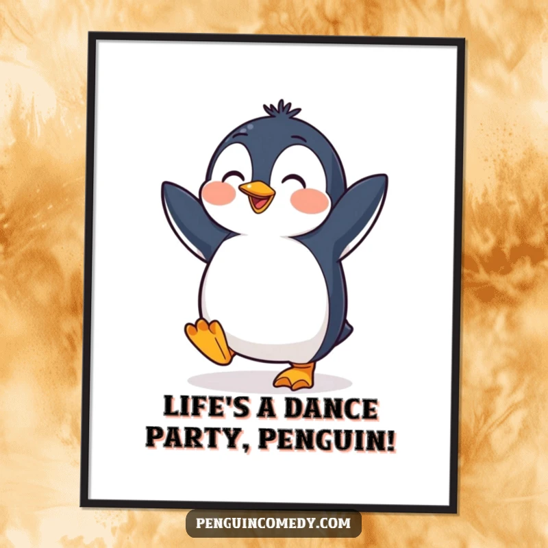 Funny Free Printable Penguin Wall Art: A cheerful penguin in mid-dance, feet tapping enthusiastically on a clean background.