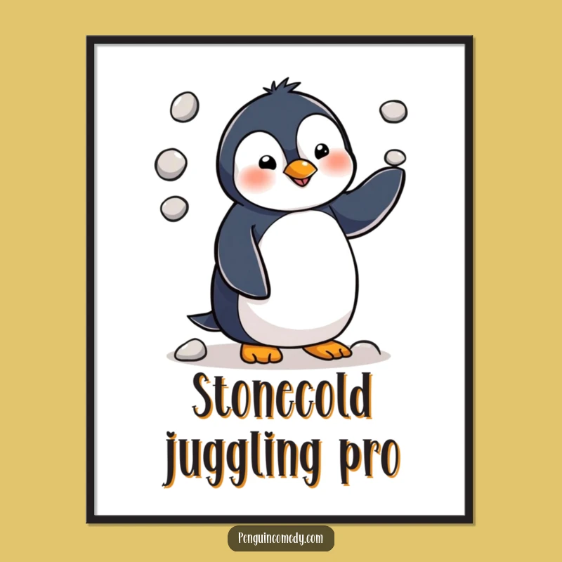 Free Printable Penguin Juggling Pebbles Humorous Wall Art - Downloadable Decor